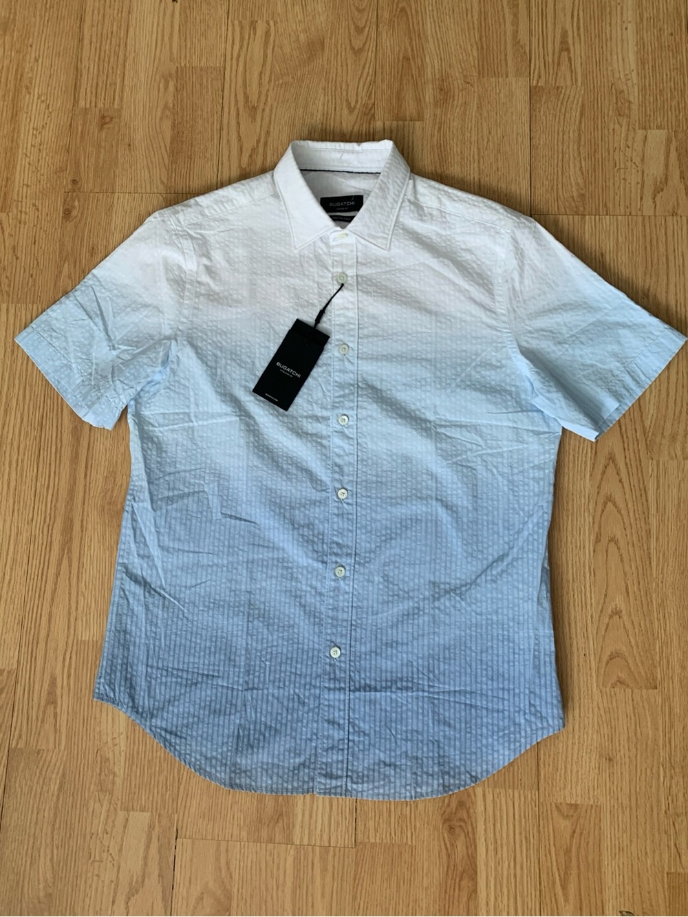 Bugatchi Shaped Fit Men’s S Cotton Button Up Shirt Short Sleeve Blue/White Ombré